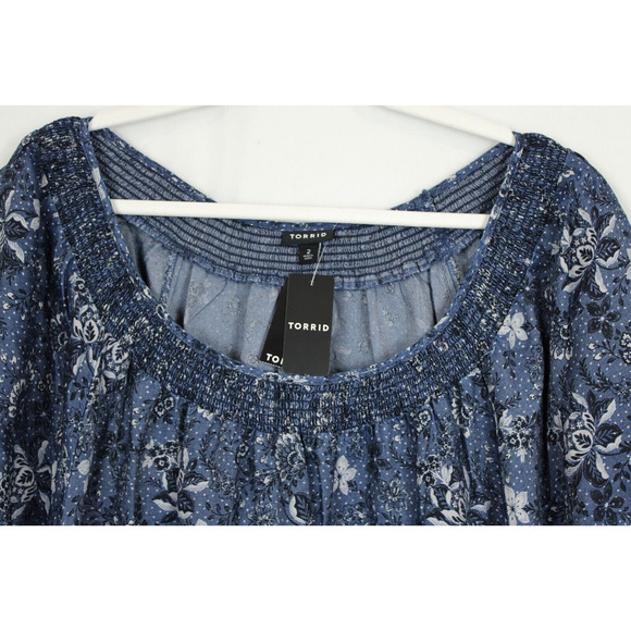 Torrid Mini Chambray Dress Women 2X Puff Short Sleeves Smocked Neck Blue Floral - Picture 7 of 12
